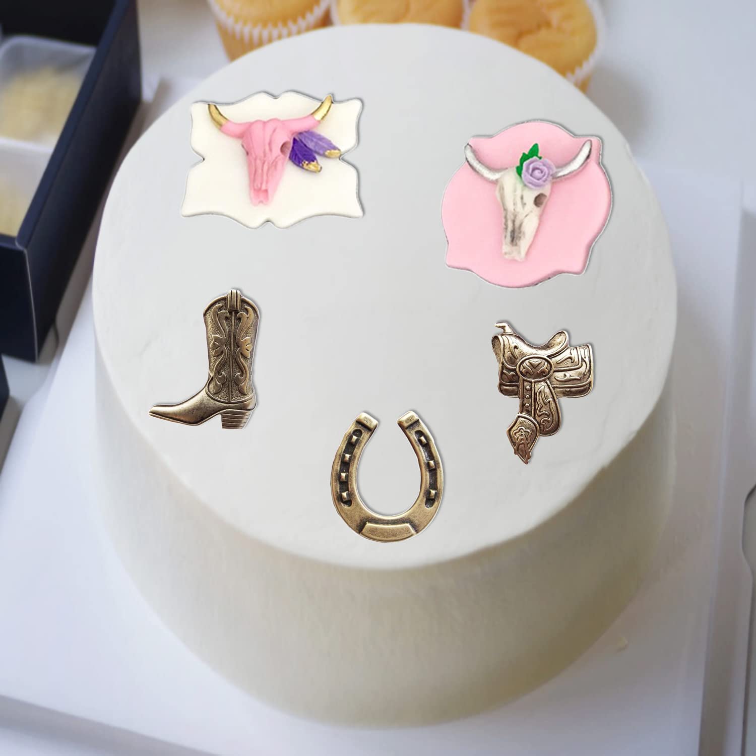 Mujiang Juego de 4 moldes de silicona con forma de cabeza de toro, herradura, herradura, botas de fondant, para decoración de pasteles, caramelos, chocolate, goma, azúcar, manualidades, juego de 4