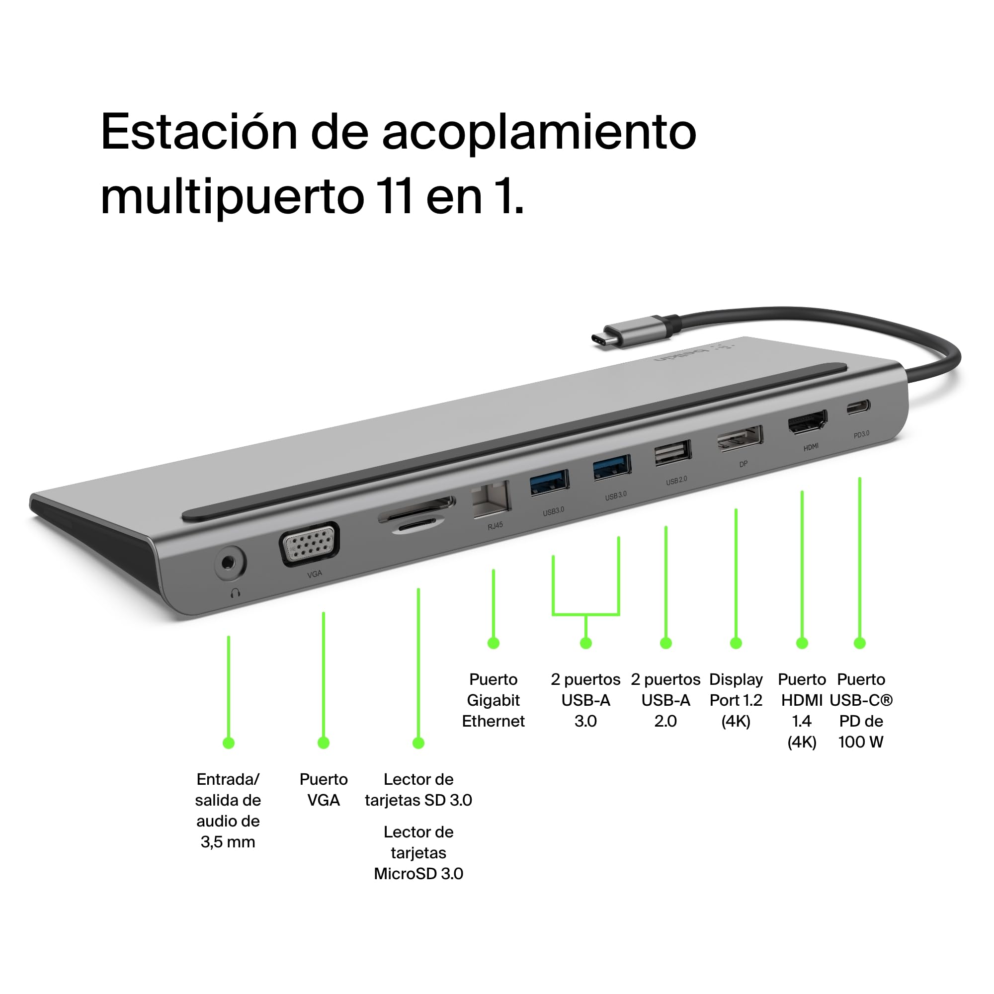 Belkin base dock USB-C multipuerto con HDMI, DisplayPort, VGA y USB-C (4K), carga passthrough PD de 100 W, 3 USB-A, 1 Gigabit Ethernet, SD/MicroSD y audio de 3,5 mm para MacBook* Pro, Air, XPS y otros