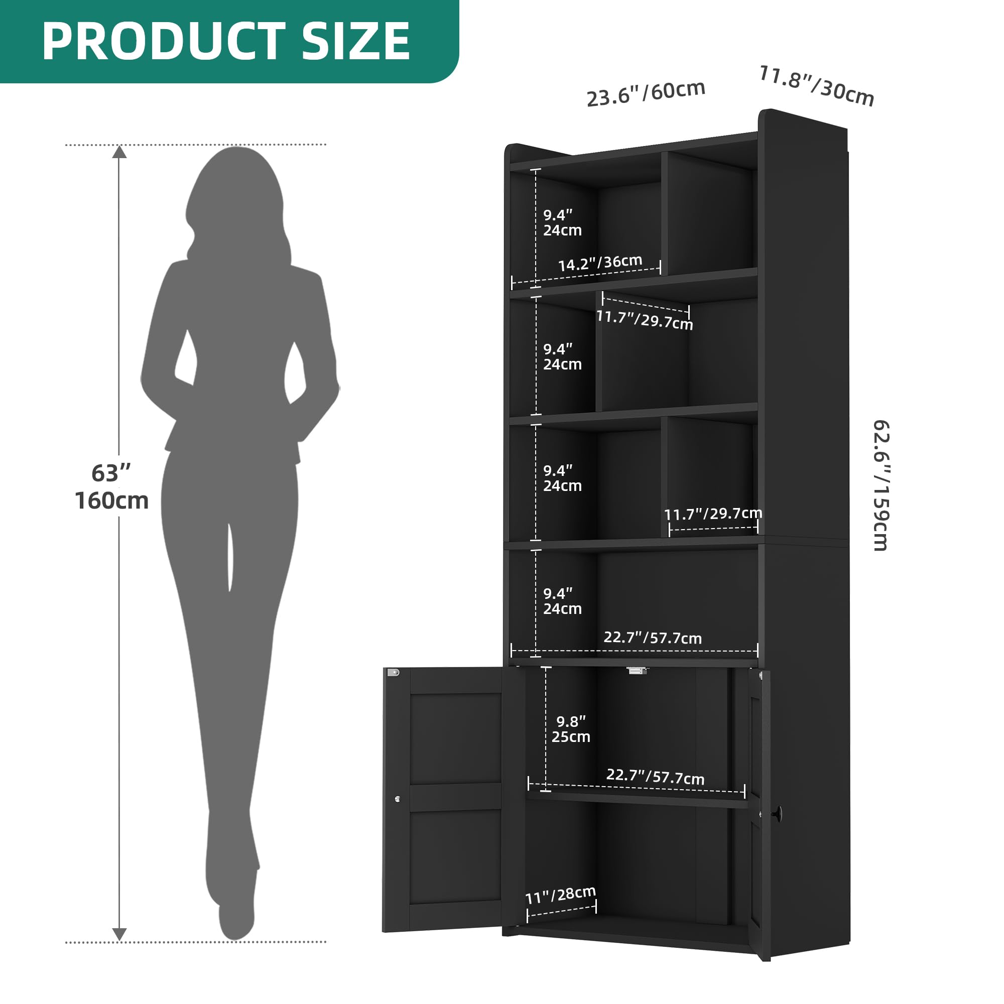YITAHOME Bibliothèque à 4 Niveaux avec Portes et Placard, étagère de Rangement sur Pied, Compartiment Ouvert, idéale pour la Maison, Le Bureau, Le Salon ou la Chambre, Noire, 60 x 30 x 159 cm