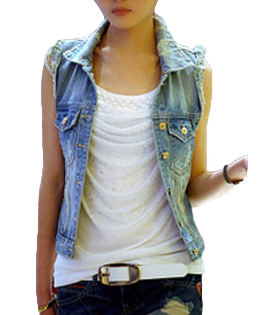 Donna Giacca Denim Senza Maniche Gilet in Jeans Slim Fit Lavaggio Colore Chiaro Strappati Giubbotto in Jeans Blu S