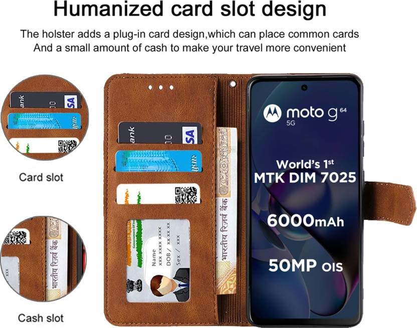 Image of Flip Cover Compatible for Moto G64 5G | Motorola G64 5G | PB2E0003IN | PB2E0005IN | PB2E0006IN | PB2E0007IN Back Cover Soft Silicon TPU Flip Cover Executive Executive Brown, Magnetic Closure
