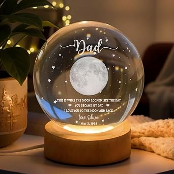 Personalized Dad Crystal Globe Lamp - The Day You Became Daddy Moon Phase Desk Light Fathers Day Decor Gift for Dad, New Papa, Custom Date Moon Phase Gift for Husband