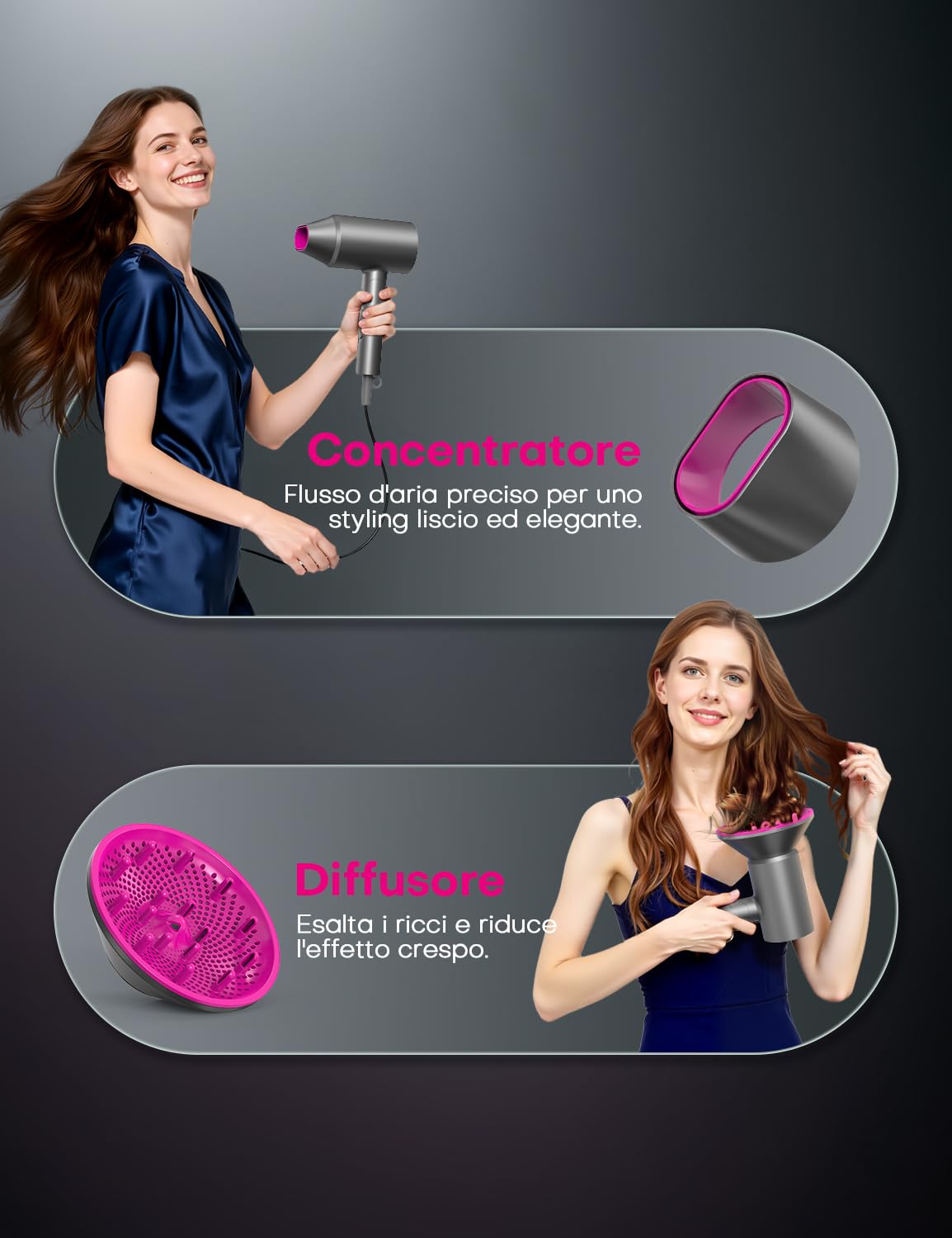 1800W Asciugacapelli Ionico Phone per Capelli Professionale Ioni AC Motore Phon Capelli con 2 Impostazioni di Calore, Tasto Aria Fredda con 1 Diffusore e 1 Concentratori per （Grigio）