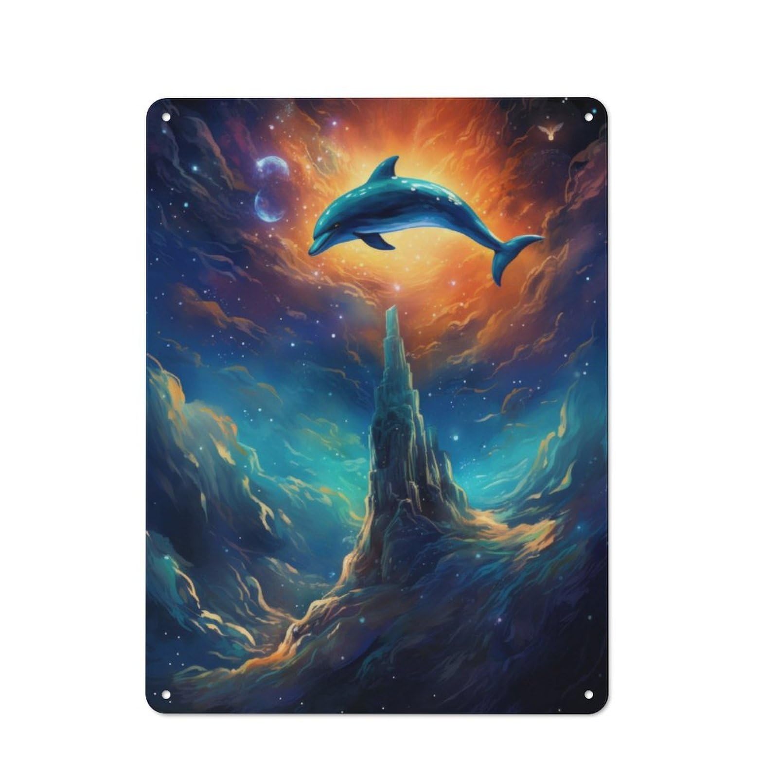 Junmoney Cosmic Dolphin Vintage Tin Sign 40X30cm With For Home Office Or Studio, For Home Office Decor Fans Refreshing A Room In Autumn