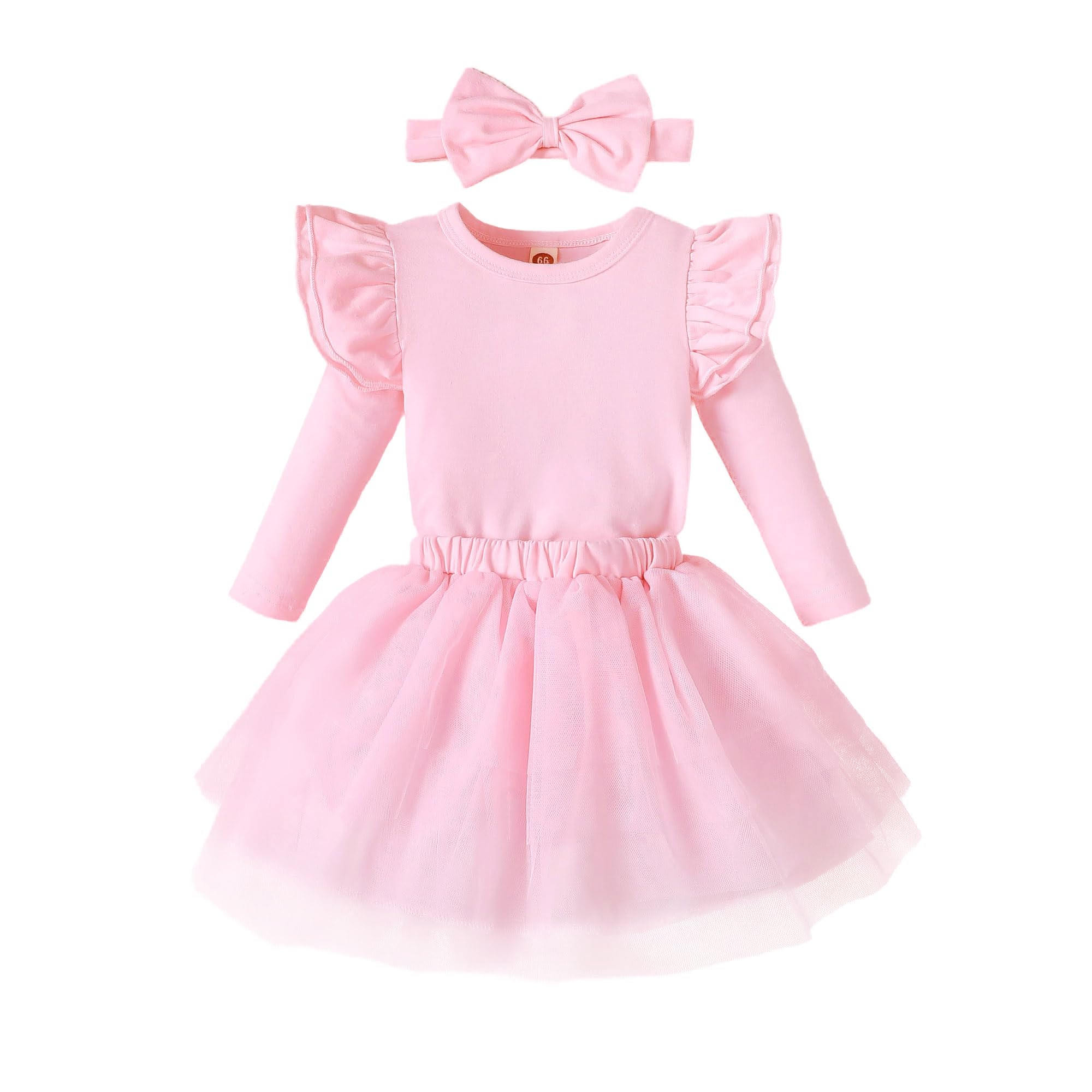 Doahapyker Baby Girl Ruffle Sleeve Romper Dress Newborn Solid Color Dress Bow Outfit Infant Jumpsuit Tutu Skirt Set Clothes (C-Pink-Long Sleeve, 0-3 Months)