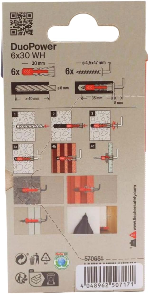 fischer Duopower 6 x 30 with Hooks - 6U Wall Anchors Various Materials Suitable for Hanging Bikes, Pictures, Cabinets, TVs, Shelves, Furniture