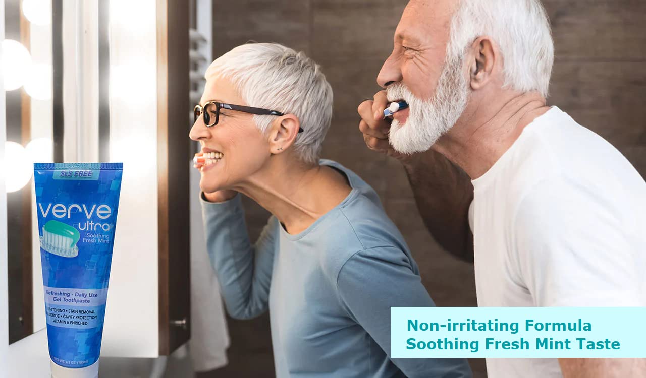 Elderly couple brushing teeth with Verve Ultra toothpaste
