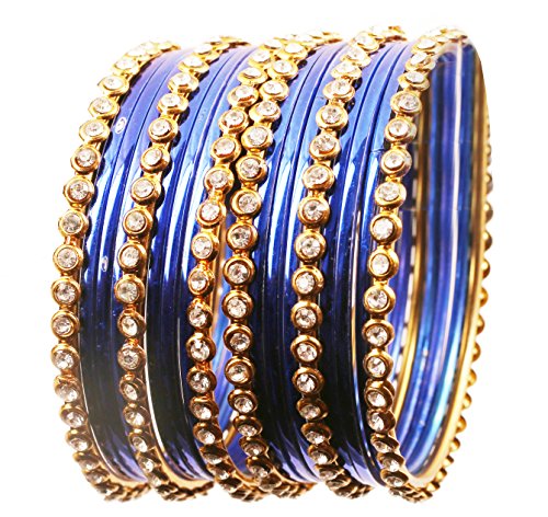 Touchstone "Colorful Collection Indian Bollywood Alloy Single Line Clear Rhinestone And Textured Royal Blue Color Bangle Bracelets Set Of 18 In Antique Gold Tone For Women. #TOP6