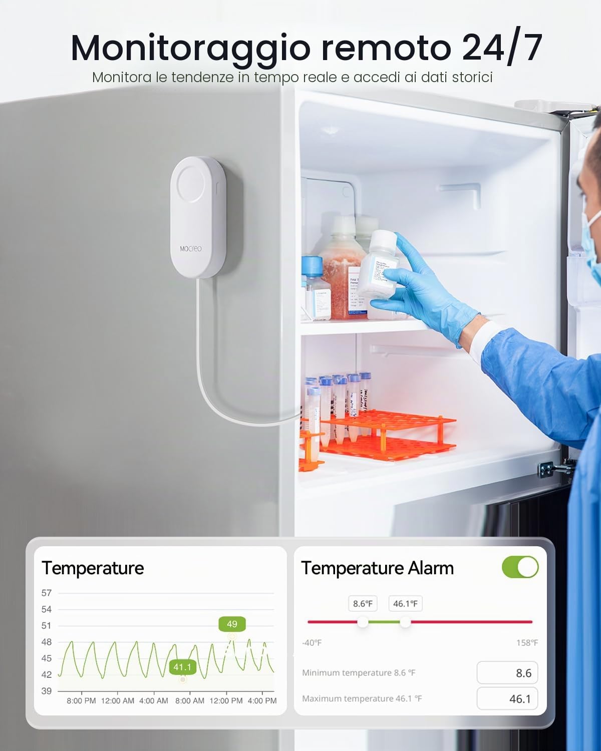 MOCREO Termometro WiFi allarme congelatore, avviso e-mail, notifica app, esportazione record dati, senza costi di abbonamento, sensore di temperatura wireless remoto per frigorifero, congelatore,
