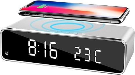 Amazon Co Jp Ephram 置き時計 目覚まし時計 ワイヤレス携帯充電機能 大音量 Led デジタル置時計 12 24hr 調整 目覚まし 日付 室内温度付き ホーム 卓上 寝室 事務所 オフィス 省エネ プレゼント 飾り Usb電源式 置き時計 デジタル 日本語説明書付き ホーム キッチン
