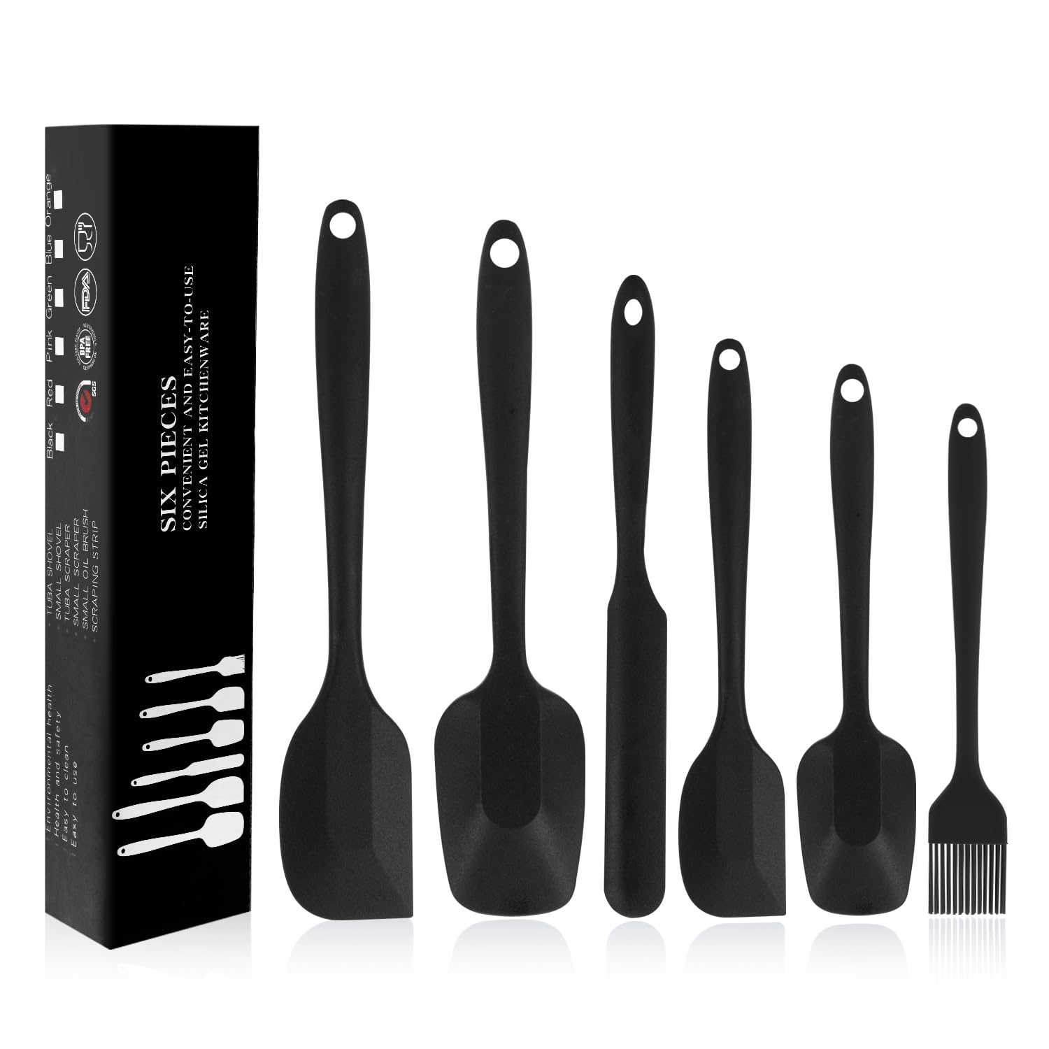 MOACC 6 Stück Silikon Spatel Set, 315℃ Hitzebeständiger Antihaft Flexibler Nahtloser Teigschaber, Silikon Küchenutensilien Set für Kochen Backen Rühren, Schwarz