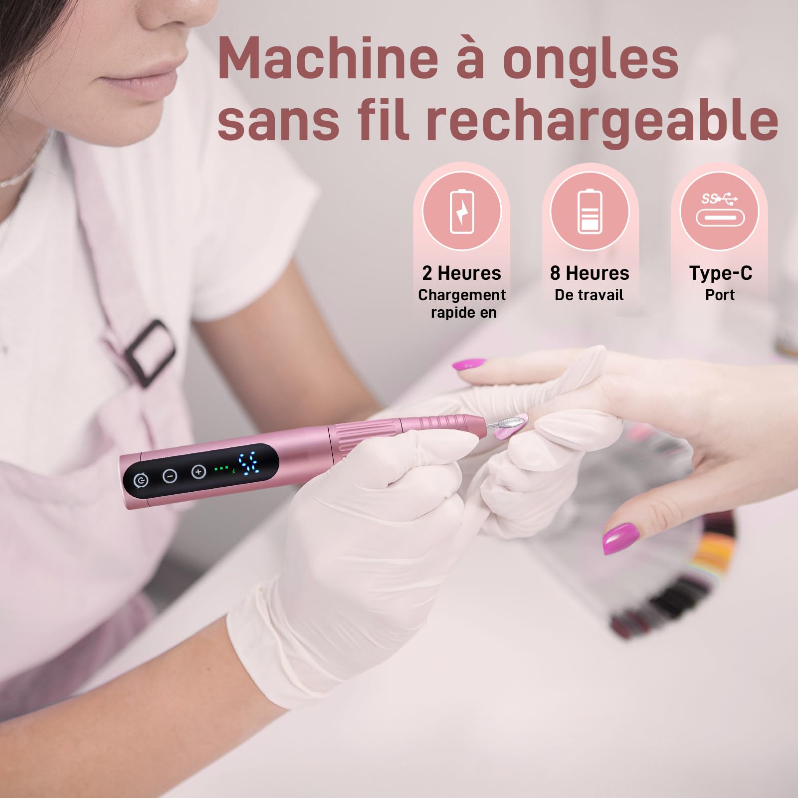 Fresa per Unghie,Fresa Elettrica Ricaricabile Senza Fili a 35000 Giri al Minuto,Lime per Unghie Elettriche in Gel Acrilico Professionali per Manicure e Pedicure,Per Viaggi a Casa o in Salone (Rosa)