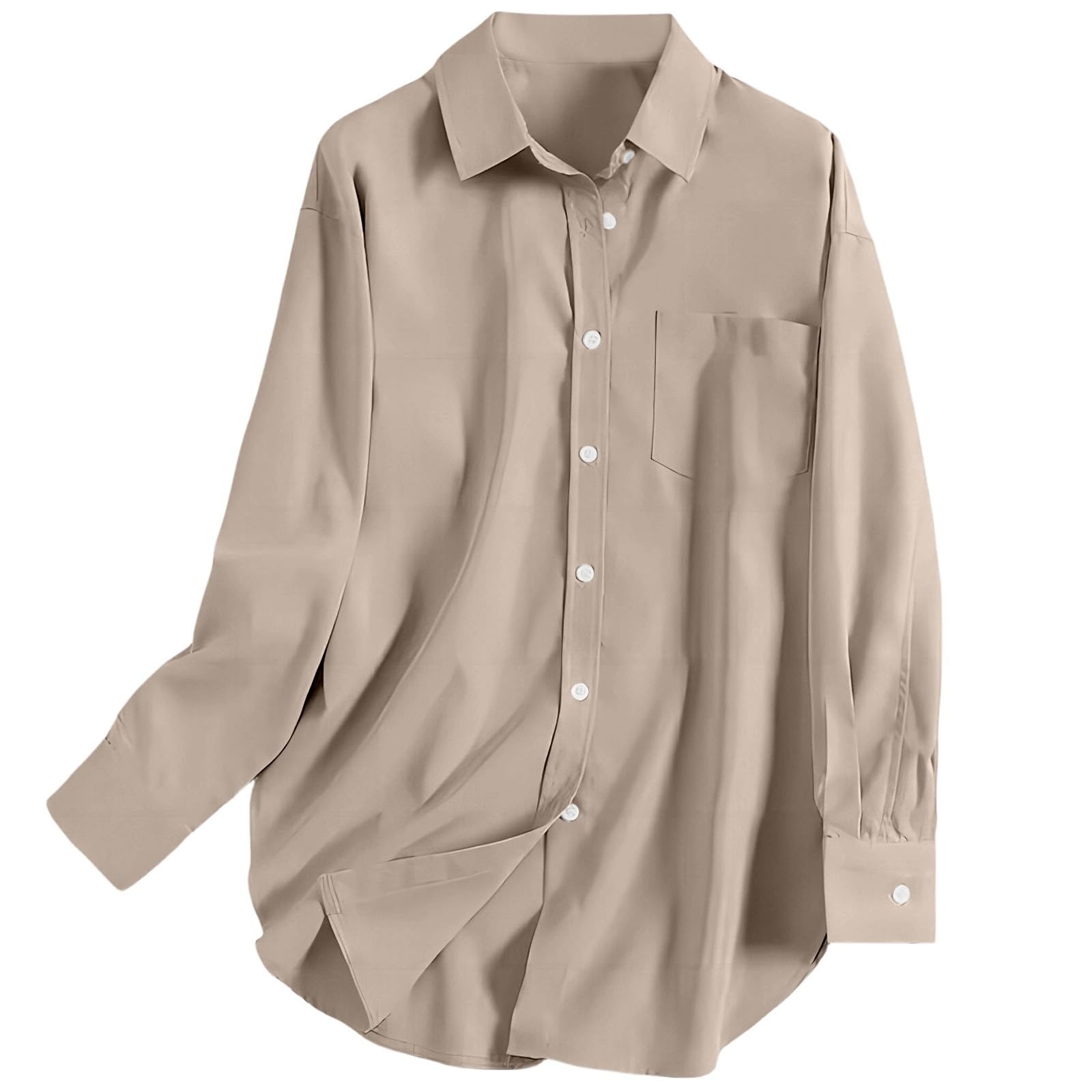 Élégant chemisier à manches longues avec col rabattable, couleur unie, coupe surdimensionnée avec ourlet fendu, chemise de travail décontractée pour les loisirs.