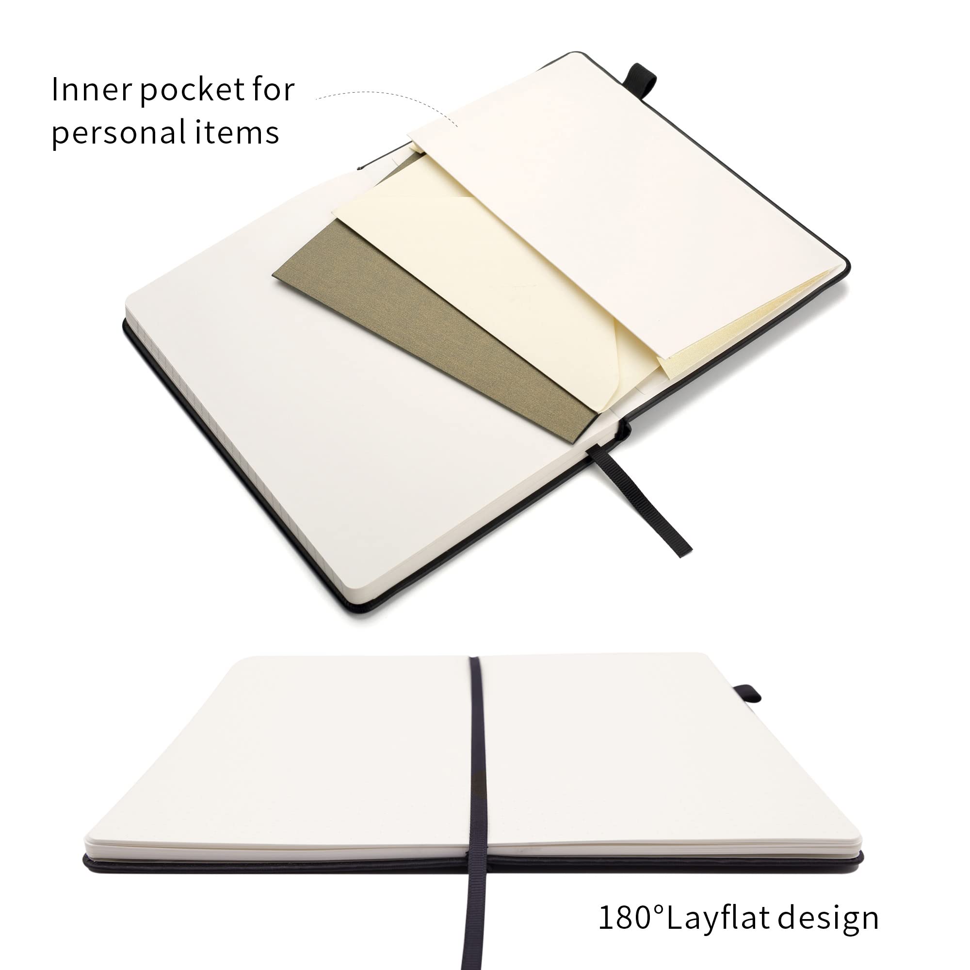 Notatnik w kropki z szlufką na długopis, twarda okładka, gruby papier premium 100 g/m² z kieszenią wewnętrzną, rozmiar M 14,5 x 21,3 cm, czarny