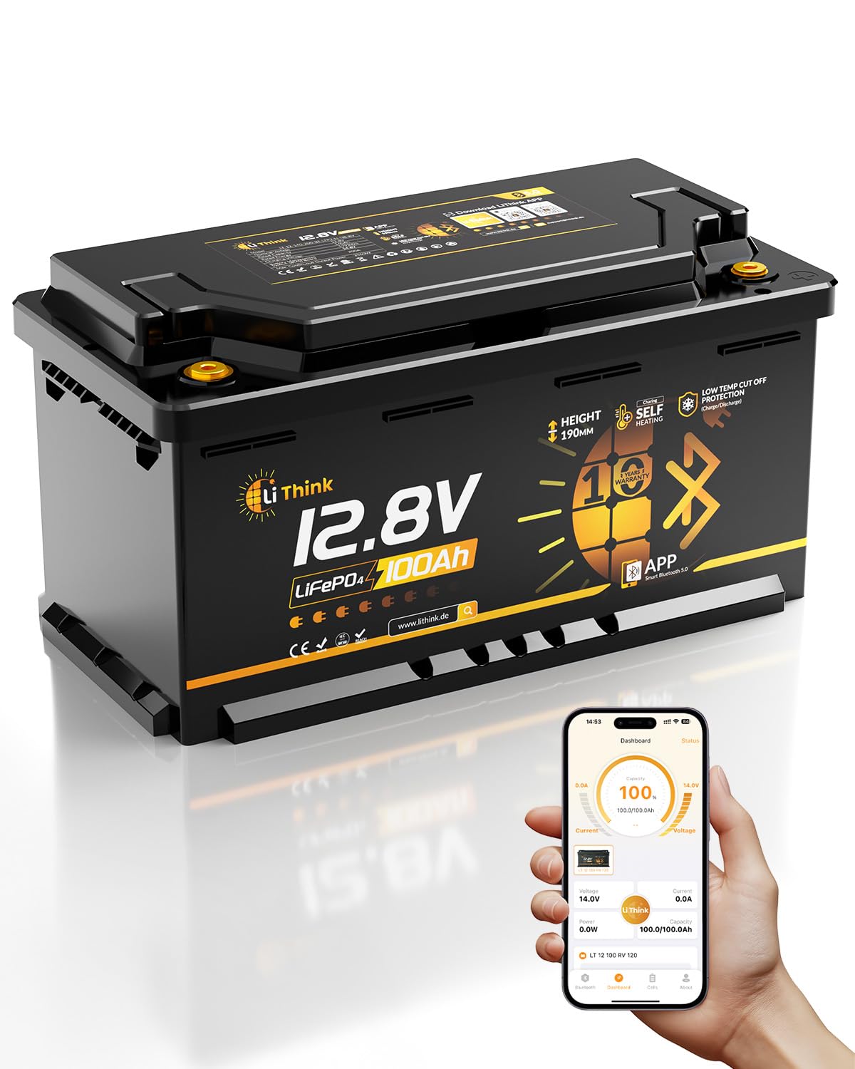 Li Think LiFePO4 12V 100Ah H190 Lithium Batterie Bluetooth mit 120A BMS LTP&Heizung und Bis Zu 15000 Zyklens, 1280Wh Lithium Batterie Autobatterie für Wohnmobil,Wohnwagen CB/IEC 62619