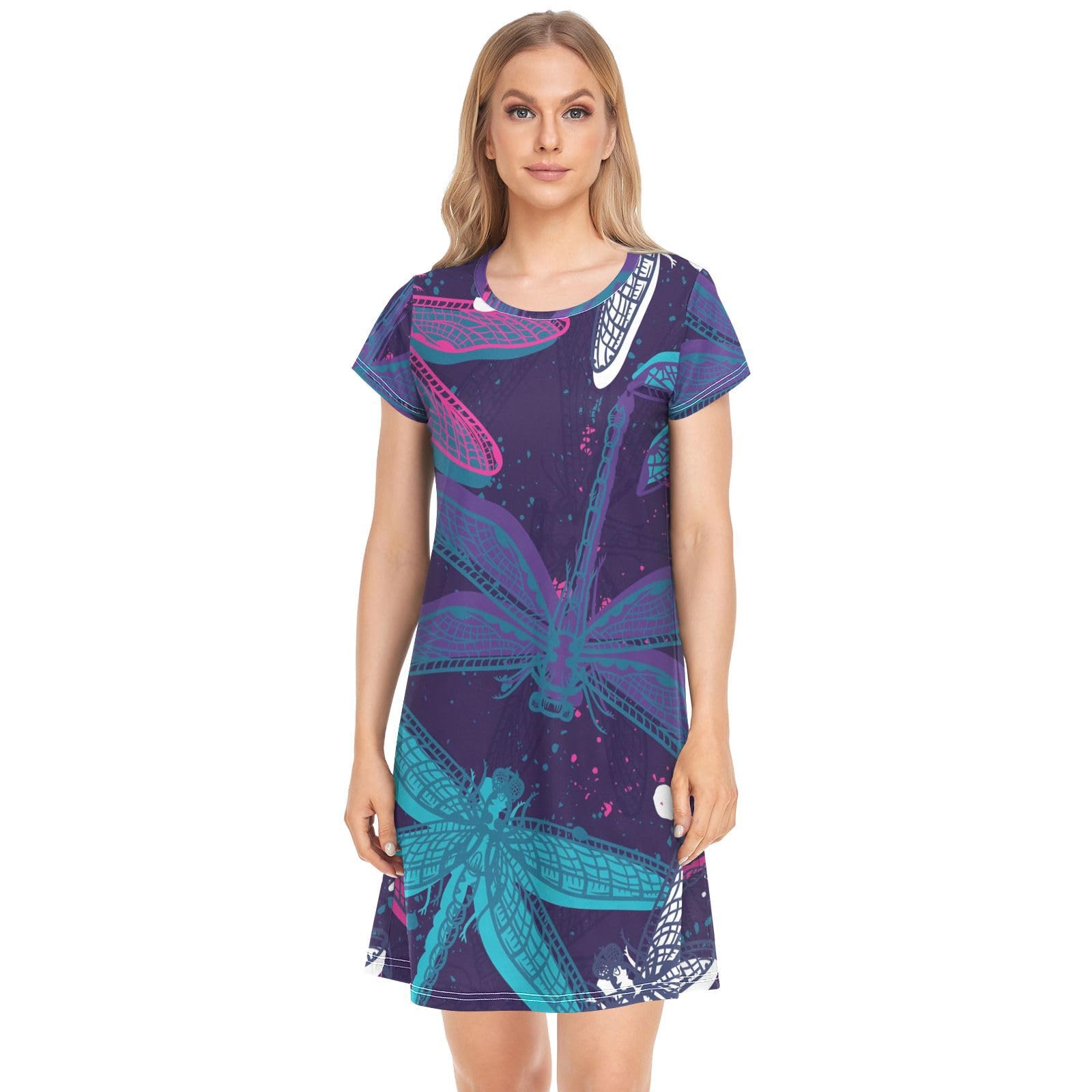 YOUJUNER Women's Nightdress Dragonfly Decor Nighties Nightgown Short Sleeve Nightshirt Sleepwear Loungewear T-Shirt Dress