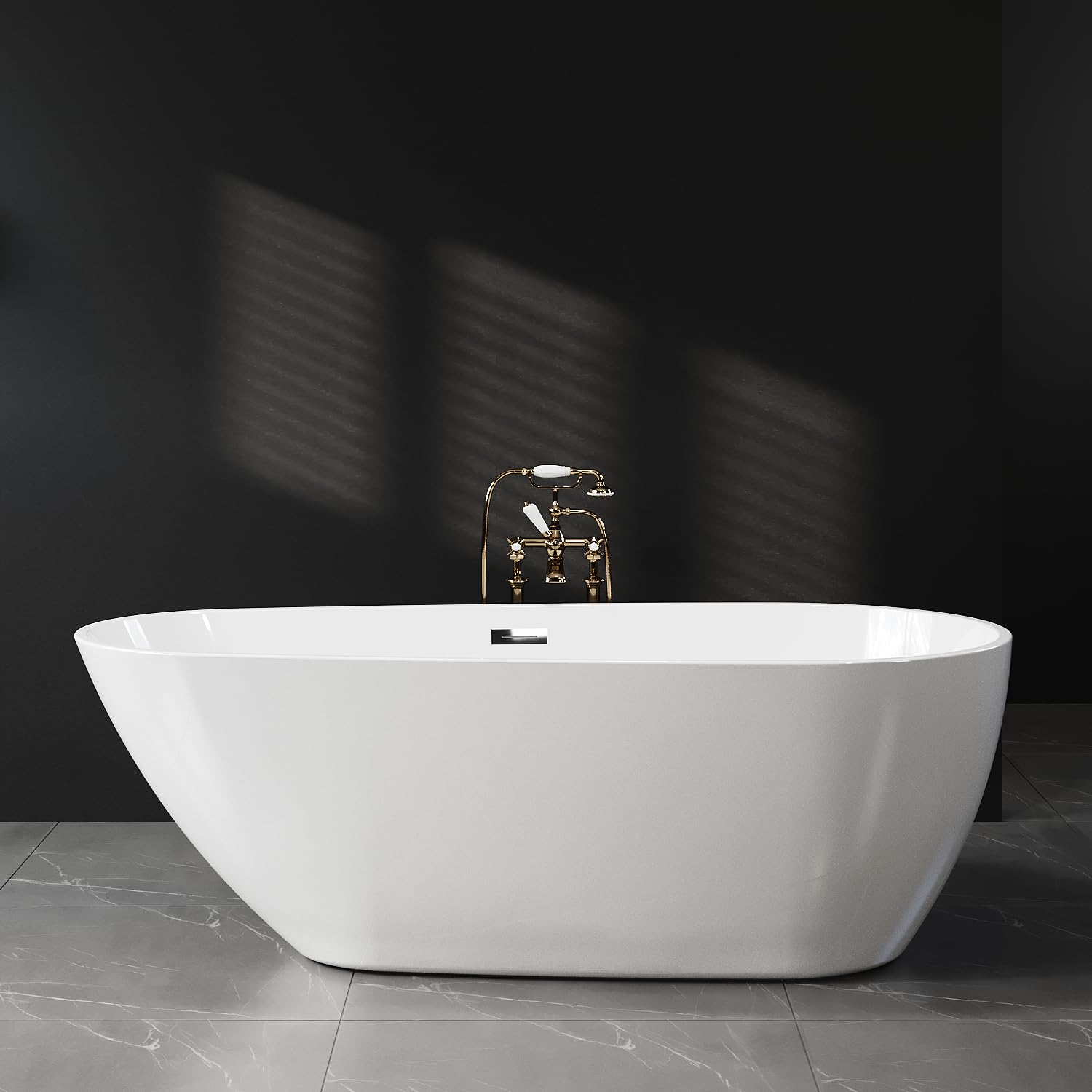 Acrylic Freestanding Bathtub 67 Inch Soaking Tub, Deep White Oval Pearl-Shape, Modern Stand Alone Bathtub with Non-Slip Base, Chrome Overflow &amp; Pop-Up Drain, Easy Assembly, for Bathroom, Home, Spa
