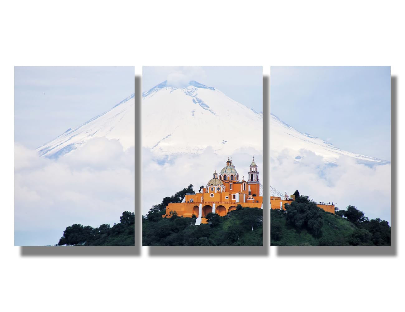 Cholula Cathedral Puebla Wall Art for Living Room Mexico City Mexico Wall Painting Popocatepetl Volcano Posters 3 Panels Mexico Wall Decor Framed Wall