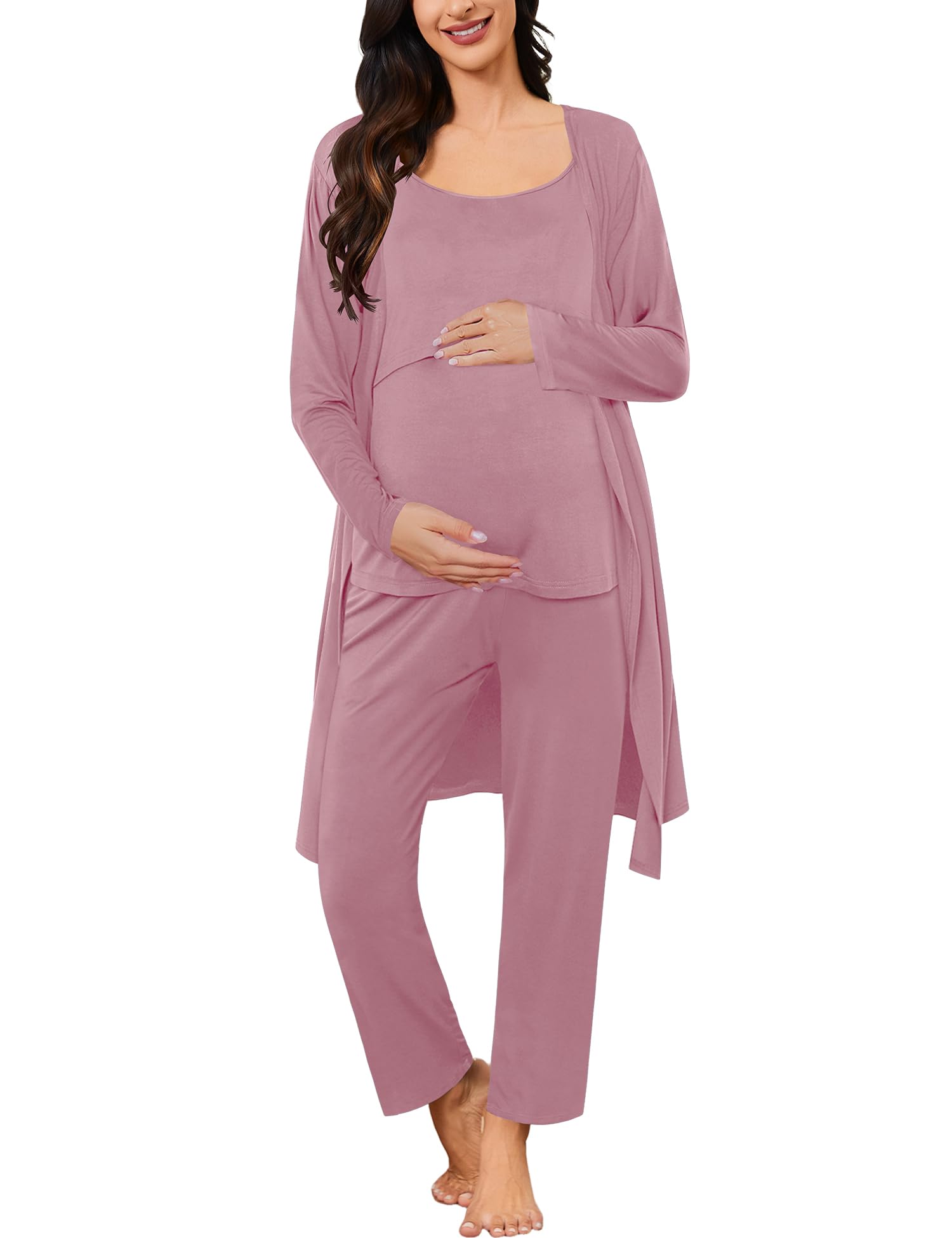 Maternity Nursing Robe Set 3 PCS Postpartum Pajamas Breastfeeding Pregnancy Robe & Camisole & Pants-image-31