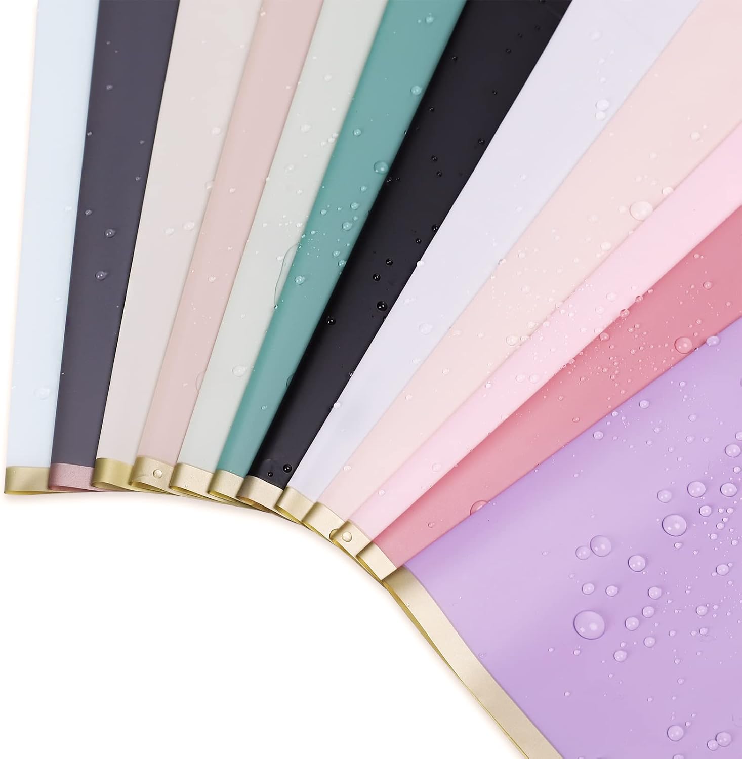 Whaline 120 Pcs Floral Wrapping Paper Folded Flat 12 Colors Gold Edge Waterproof Flowers Florist Bouquet Packaging Paper Colorful Wrapping Supplies for Wedding Birthday Mother's Day Shop DIY Craft