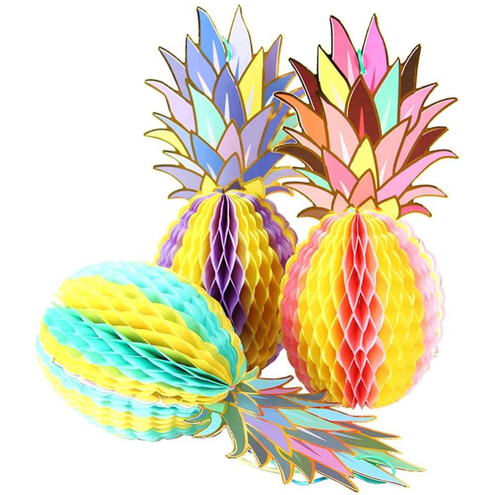 Ancllo Multicolored 3 Pcs Paper Pineapple Honeycomb Hanging Decoration For Tropical Hawaiian Luau Party Supplies Favors Wedding Home Décor