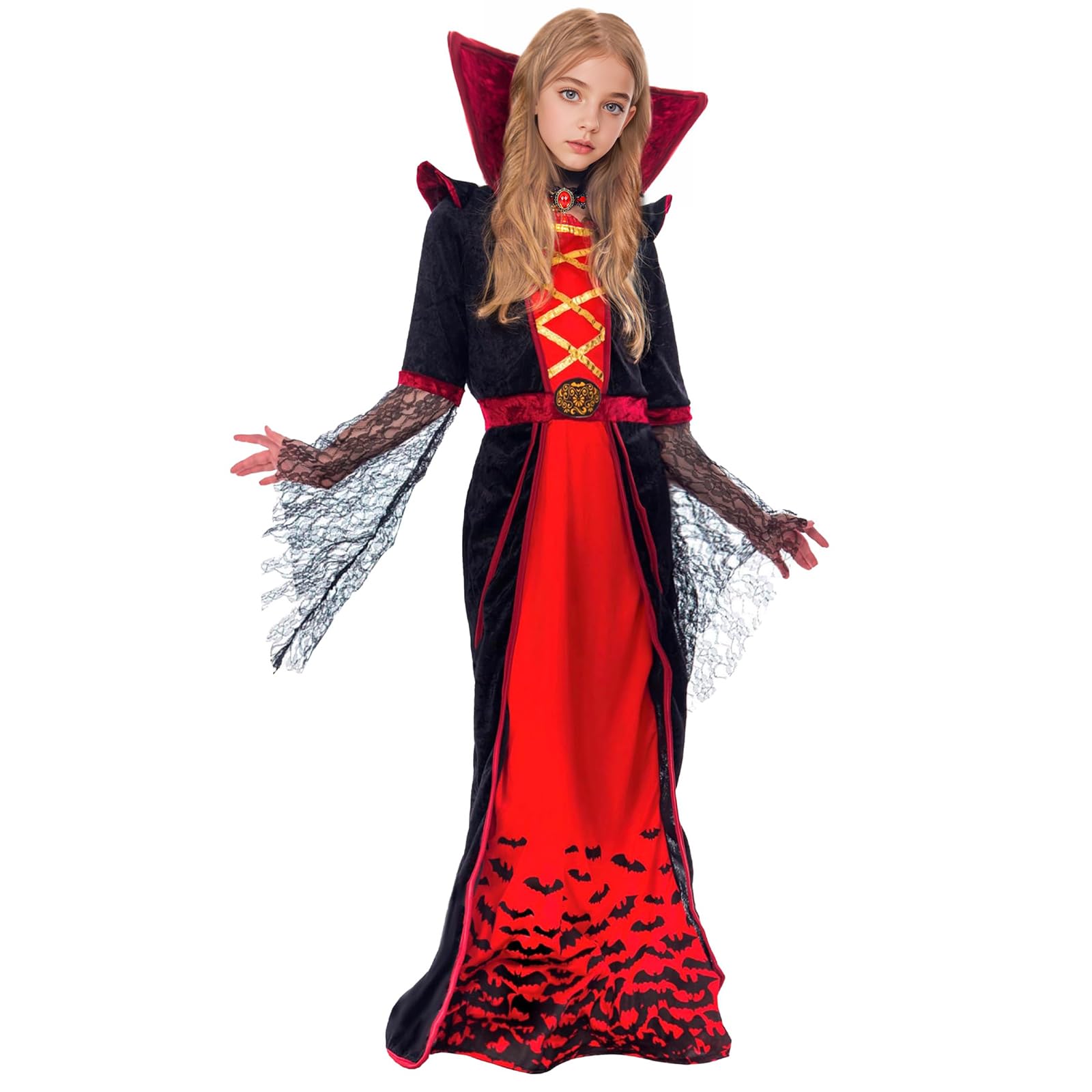 Clundoo Girls Gothic Vampire Costume Halloween Set for Girls Vampiress Queen Dress Up Party, Vampire Costume for Kids (M)