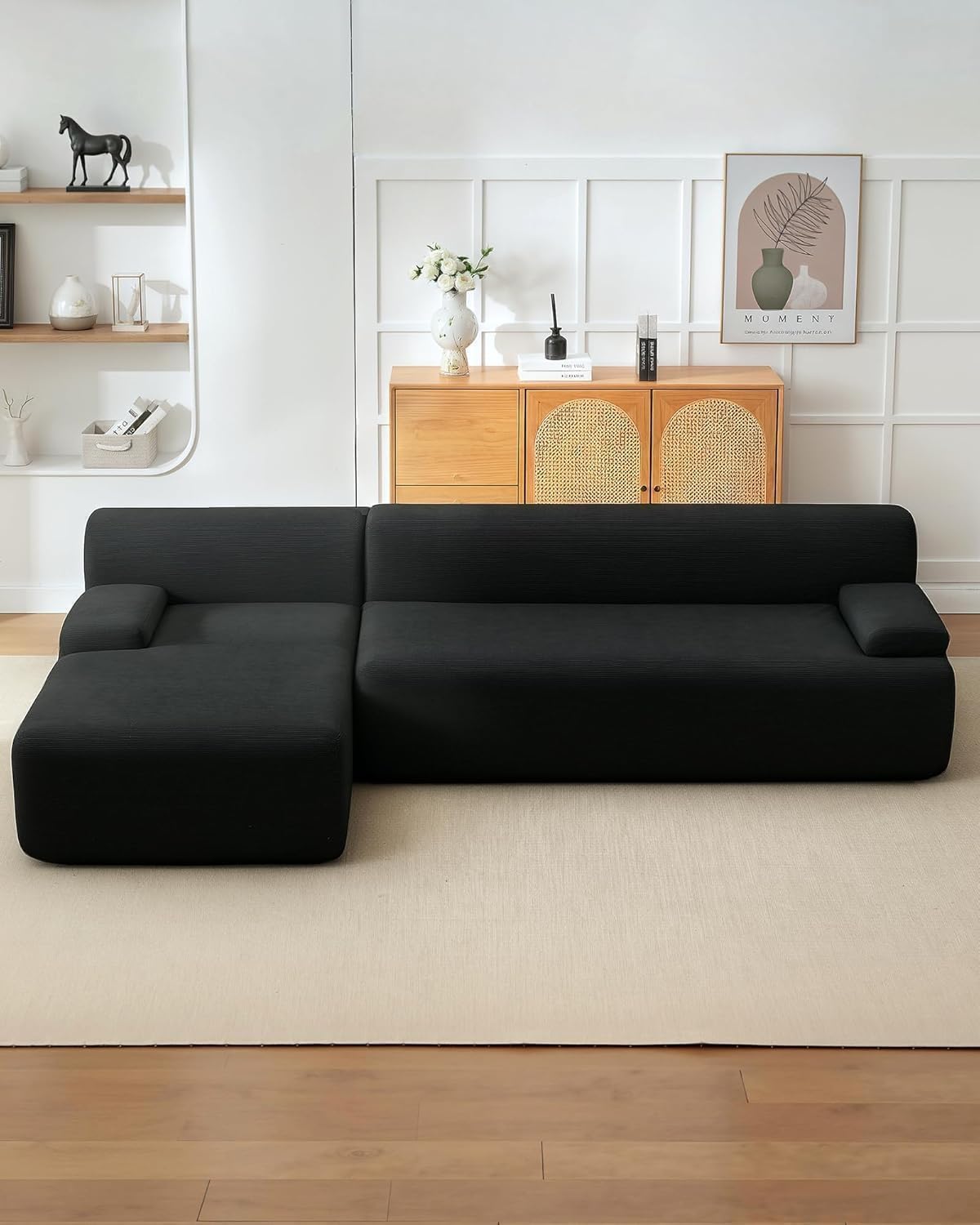Acekool Sofá Esquinero Modular Estilo Nube 273 cm en Terciopelo Acanalado | Gran Chaise Longue a la Izquierda, Asiento Profundo, Entrega Compacta Sin Montaje