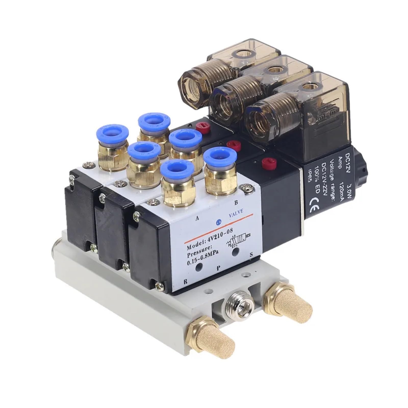 1 sztuka 3Way 4V210-08 pneumatyczny DC12V DC24V AC110 AC220 potrójny zawór elektromagnetyczny w podstawie złączy Push-In, tłumik 1/4" (złączki 4 mm, AC110V)