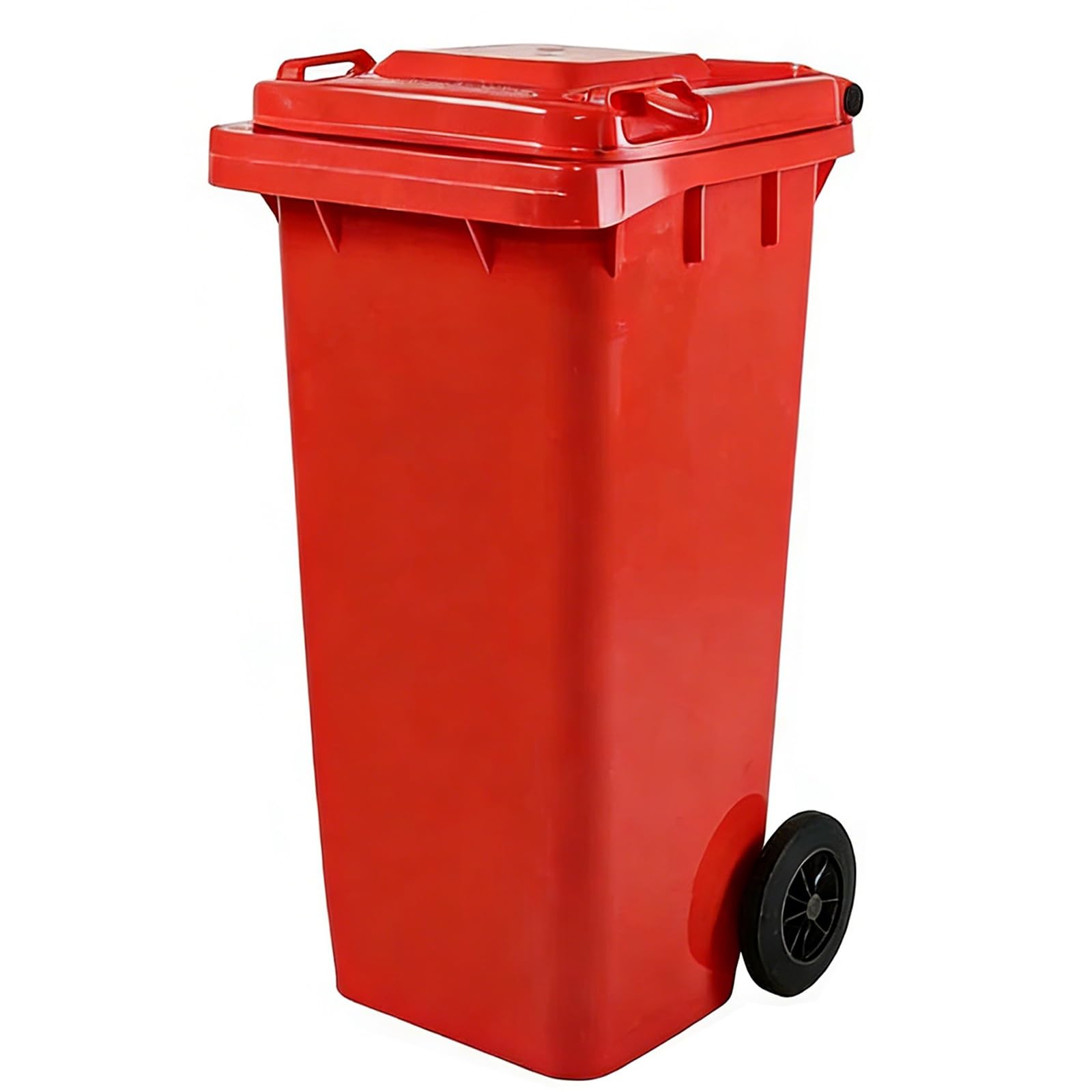 Zewnętrzny kosz na śmieci na kółkach, możliwość układania w stosy, odporny na warunki atmosferyczne, prostokątny plastikowy kosz na śmieci, solidne uchwyty, z pokrywką, (czerwony, 120L)
