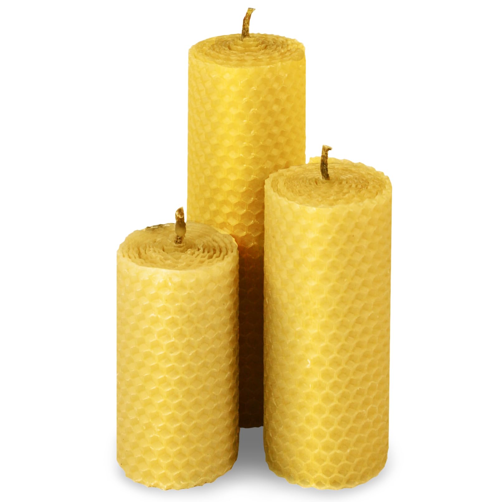 Beeswax Pillar Candles Set of 3, Large Bee Waxed Pure Candles, Hand Rolled Honeycomb Organic Bees Wax Candles for Home Decor, Bee Hive Candles Non Toxic, Smokeless, Dripless - Velas de Miel (Natural)