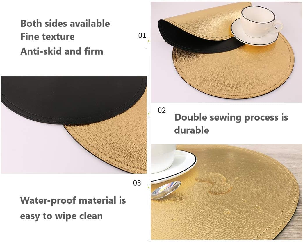 Set of 8 Faux Leather Round Placemats and Coasters, Coffee Mats Kitchen Table Mats, Waterproof, Easy to Clean for Kitchen Dining Round Table