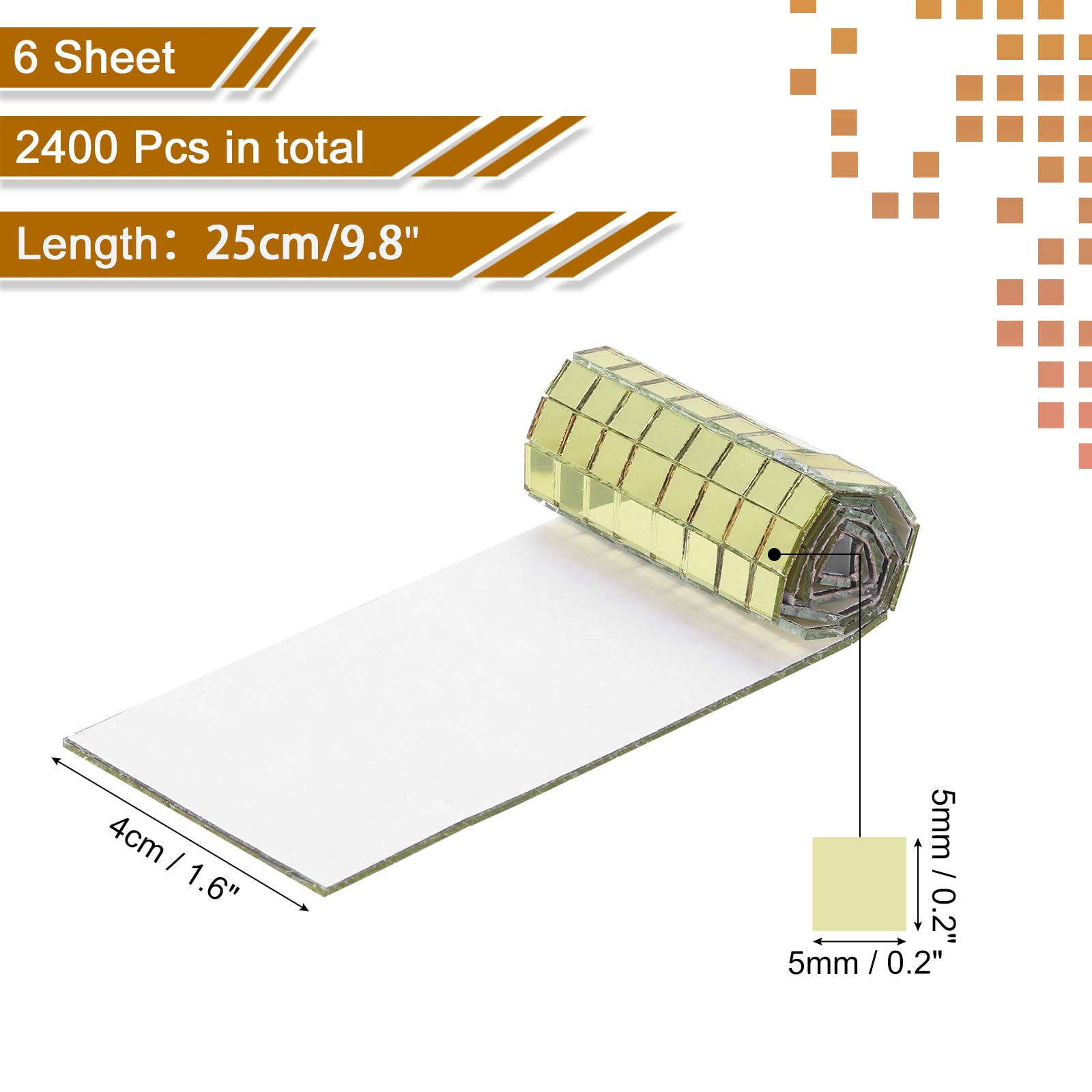 QUARKZMAN 2400 szt. szklane lustro dyskotekowe płytki samoprzylepne złote lustro mozaika 5 x 5 mm do dyskoteki, rzemiosła DIY, dekoracja KTV, 6 arkuszy