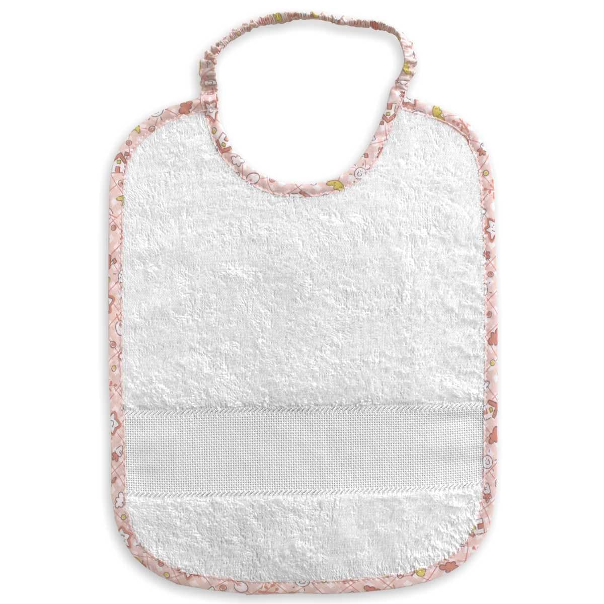 Set asilo da ricamare a punto croce, tre pezzi, sacchetto salvietta e bavaglia, spugna bianca, tela aida, punto croce, set asilo da personalizzare con ricamo a punto croce (81 Casette rosa)