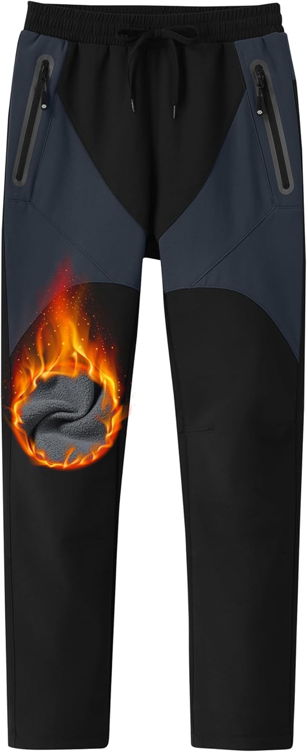 MoFiz Kids Fleece Lined Hiking Snow Ski Pants Boys Waterproof Winter Warm Outdoor Pants with Zippered Pocket