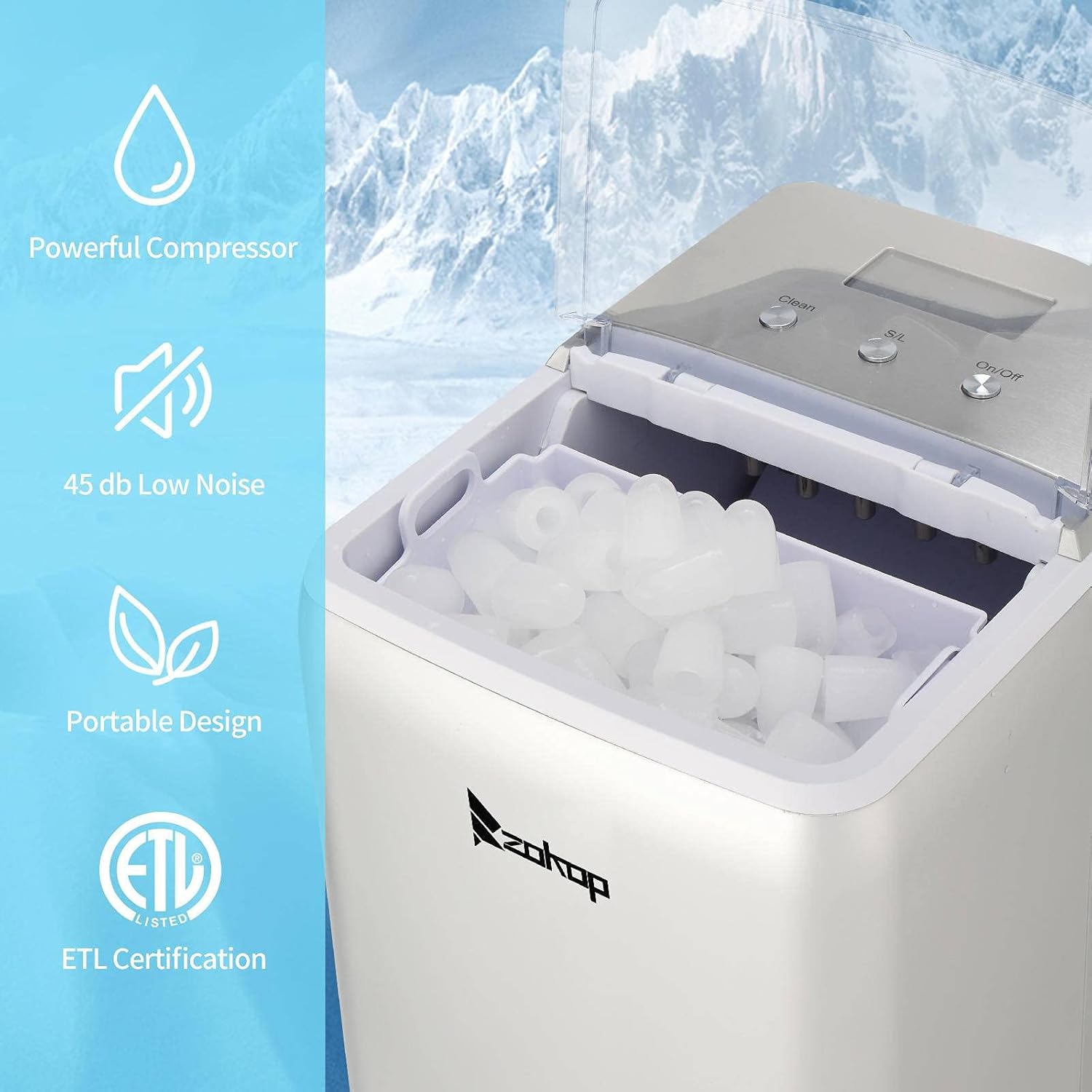 NA ZOKOP 120V 150W 44lbs/20kg/24h Ice Maker ABS Transparent Cover/Display Commercial/Home Silver