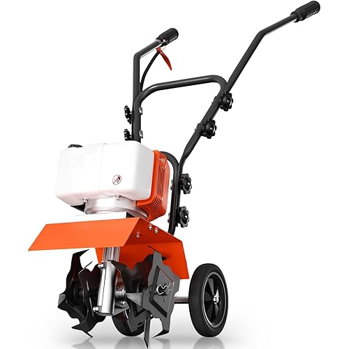 62cc Gas Tiller Cultivator, 10-Inch 2-Cycle Gas Powered Garden Tiller for Heavy Duty Soil, Self-Propelled Lawn Tiller with 4 Steel Tines & Adjustable Handle, Easy Pull Start for Clay/Dirt