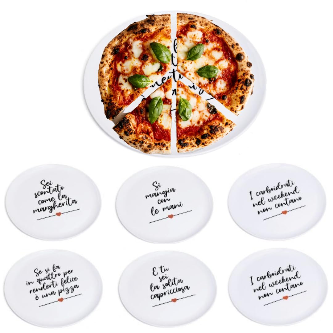 Tata Home Set 6 Piatti per Pizza in Melamina Diametro 33 cm con Decorazioni Scritte Simpatiche Piatti Piani Bianchi Grandi Mod. Happy