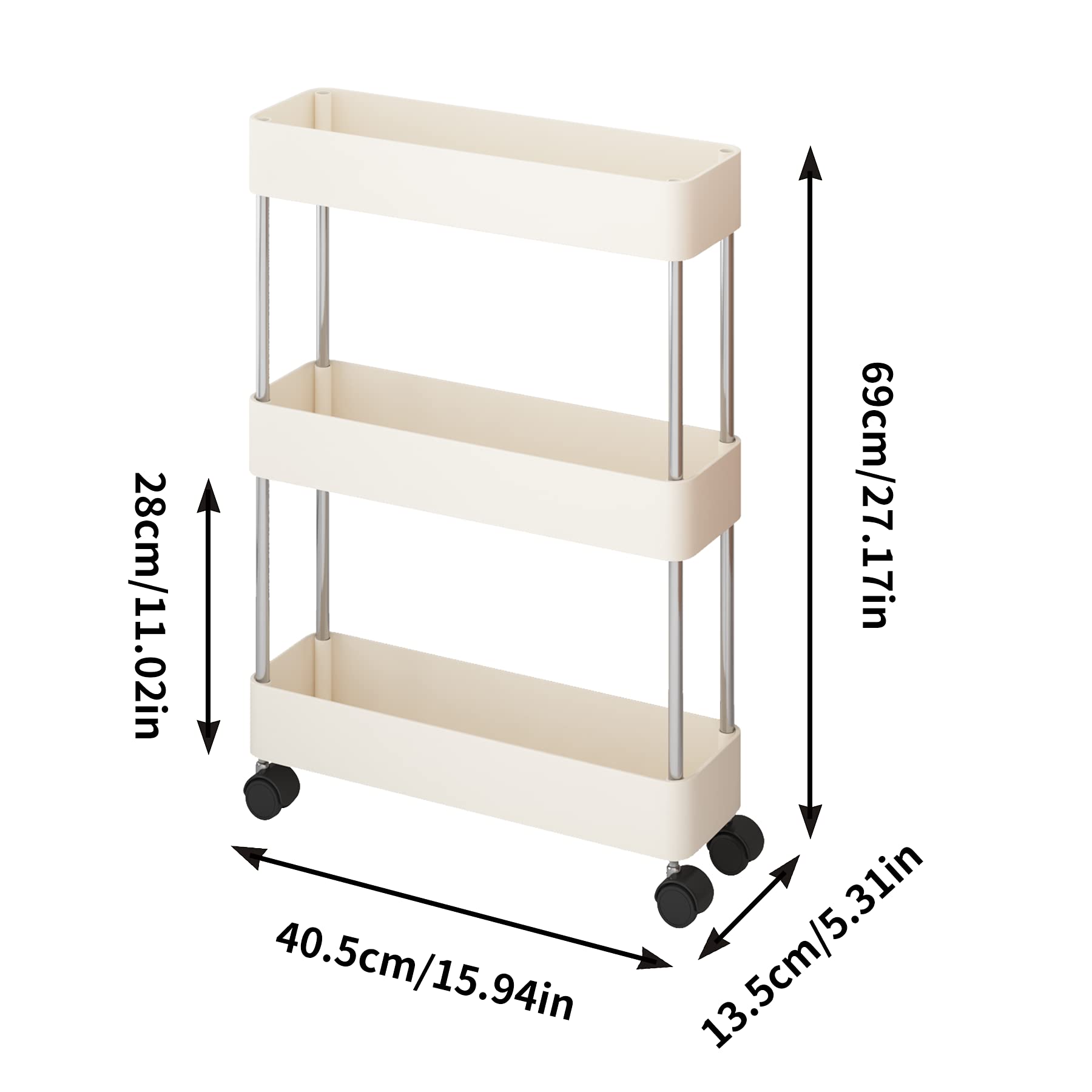 JIUYOTREE 3Tier Slide Out Storage Trolley, Slim Storage Cart, Narrow