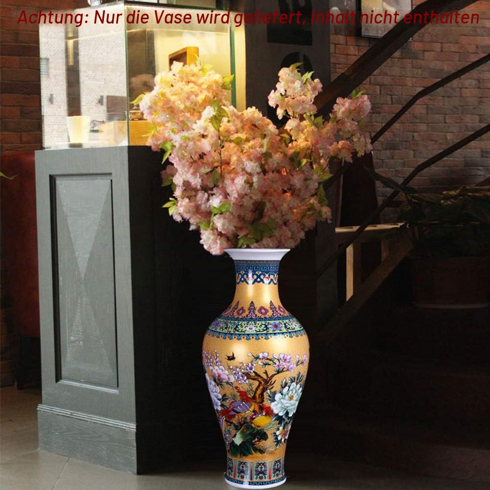 Jingdezhen Große Fishtail Keramik Bodenvase,Blumenvase,Handgefertigte Dekorative Vase für Hause,Höhe 18.11 "(46cm),Golden | Ovale Form, asiatischer Stil, Blumenmuster