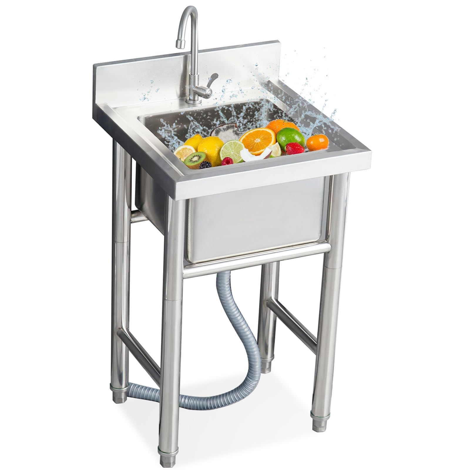 YADZISW Free Standing Commercial Kitchen Sink 304 Stainless Steel Utility Basin Free-Standing Single Bowl for Laundry Backyard Garage