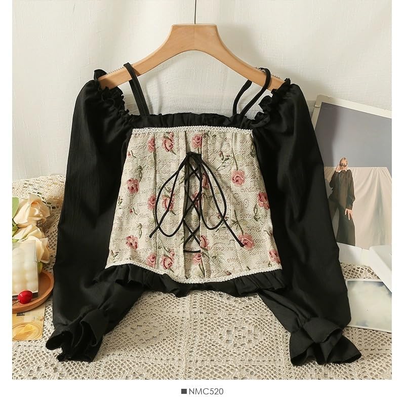 Image of ICW Women Korean Retro Style Vintage Floral Jacquard Lace-Up Off-The-Shoulder Smock Puff Sleeve Ruffled Crop Blouse Corset Top DN6021