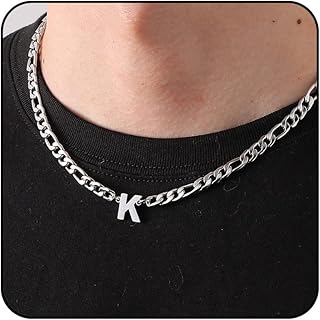 Initial A-Z Figaro Chain Necklace for Men Women Letter Pendant Stainless Steel 6.5mm 18+2