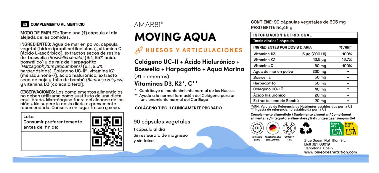 Colágeno UC-II®, Ácido hialurónico, Boswellia, Harpagófito y Sales minerales de agua de mar | Suplemento alimenticio para articulaciones, movilidad y huesos | MOVING AQUA | 90 cápsulas