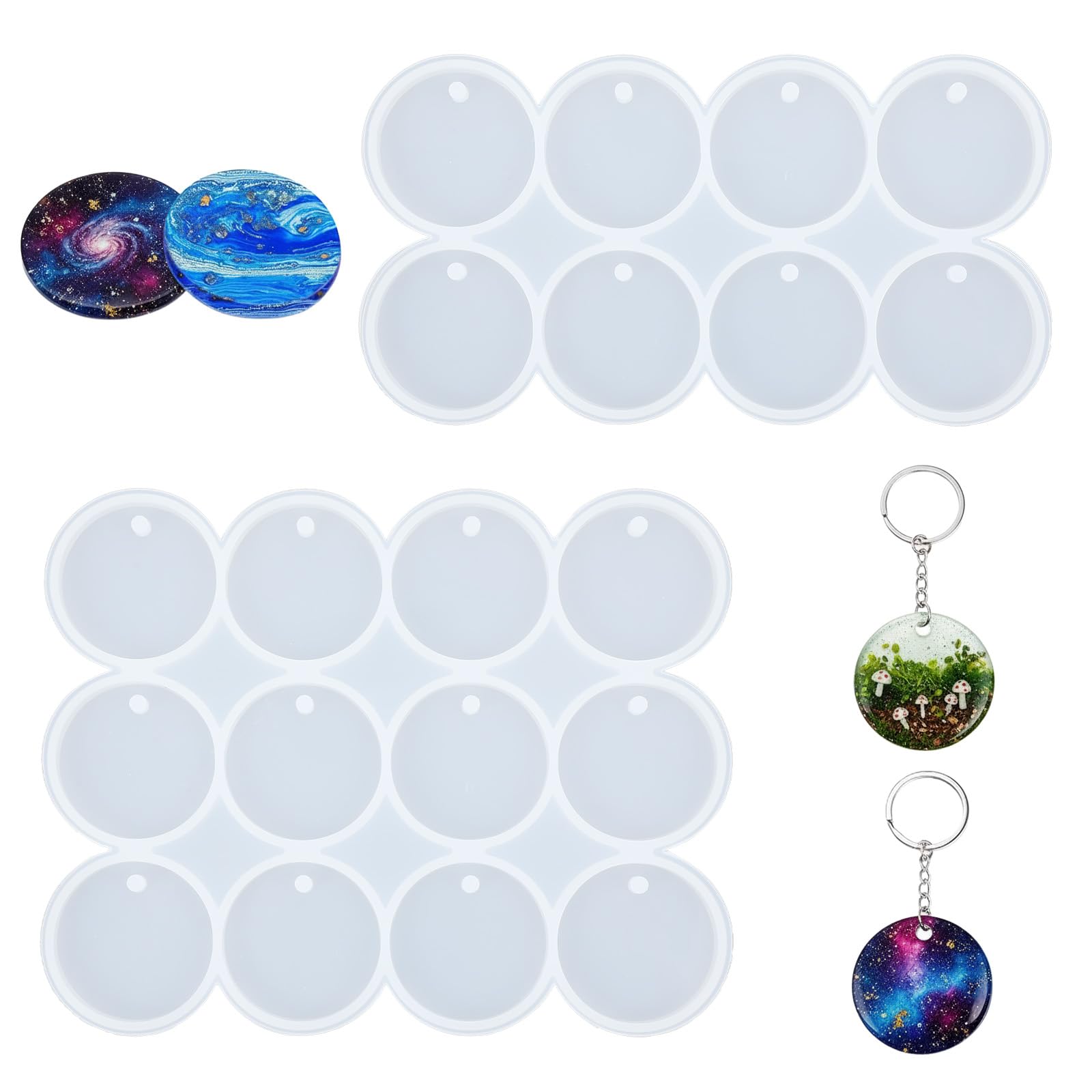 Classicseali 2 Pcs Resin Keyring Mould, 20 Cavity Round Resin Mould, 2 Sizes Silicone Mold Resins with Holes, for DIY Earrings, Keychain, Pet Tag, Jewelry Making