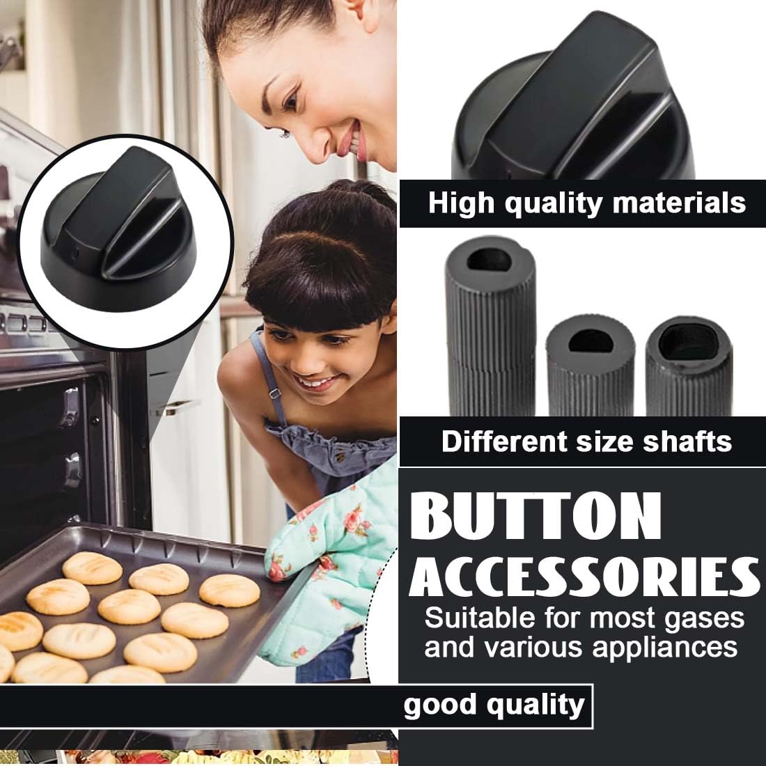 LACHT Pack 2 Manija Perillas Mando Universal Para Horno, Perilla Placa De Vitrocerámica, Perillas De Cocina, Manija Cocina De Gas, Incluye 3 Adaptadores, 4 Cm Diámetro (Negro) — view 3