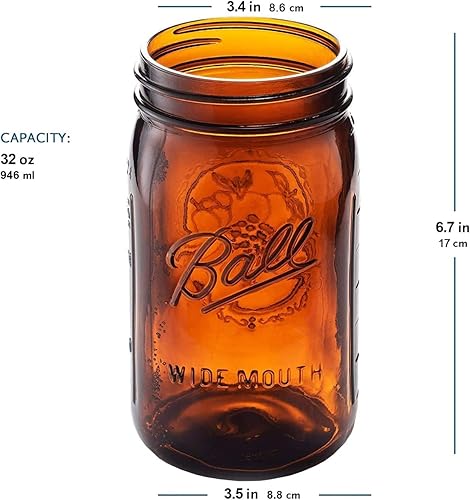 Miniatura 3 de Ball Elite Collection - Tarro de cristal ámbar de boca ancha (32 onzas / cuarto de galón) para conservas de color ámbar – Protección contra la luz
