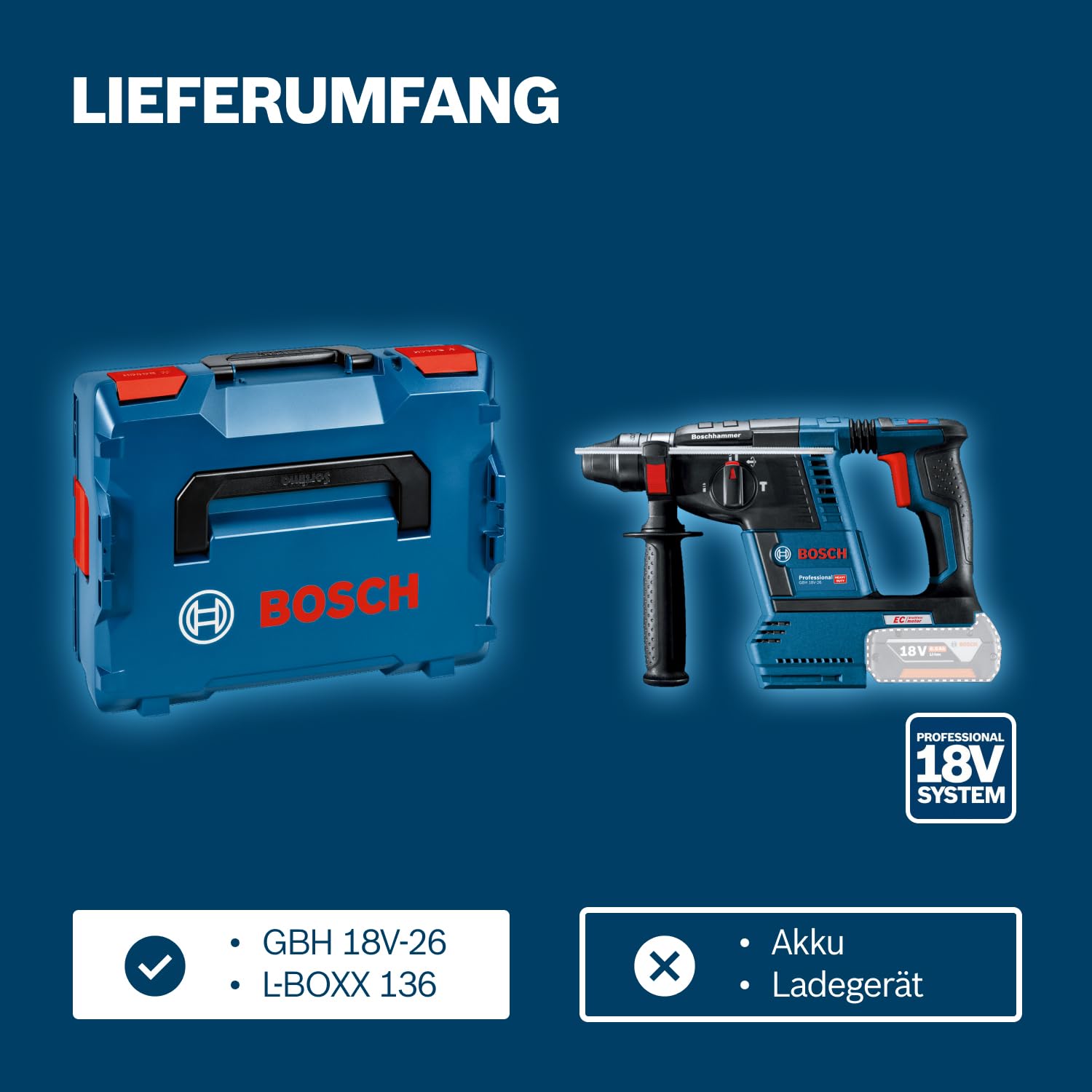 Bosch Professional 18V System Akku Bohrhammer GBH 18V-26 (SDS Plus, Bohr-Ø max: Beton/Stahl/Holz 26/13/30mm, inkl. Zusatzhandgriff, Tiefenanschlag 210mm, Maschinentuch, L-BOXX, ohne Akku/Ladegerät)