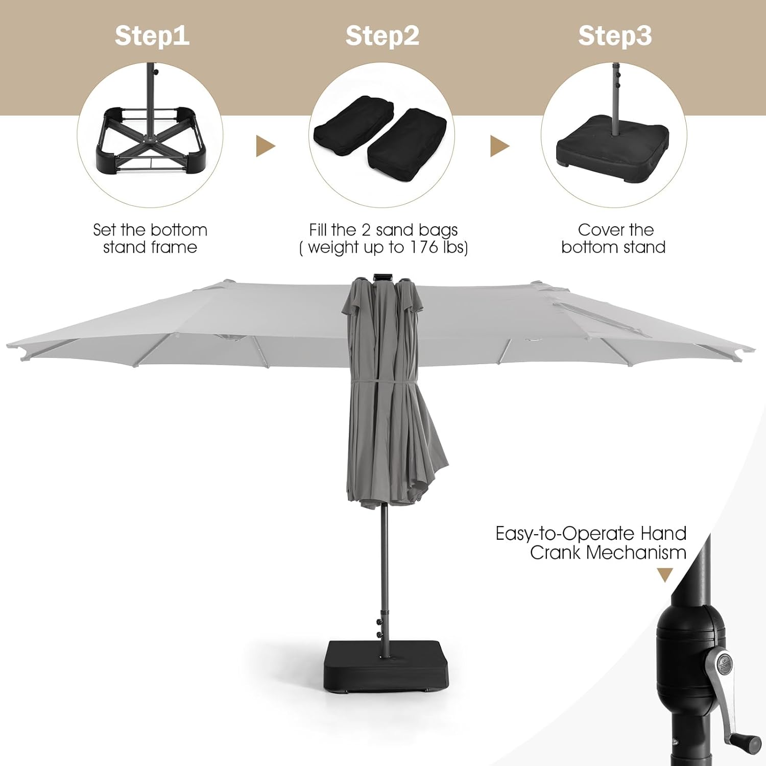 Giantex 15ft Large Outdoor Umbrella Double-Sided, 48 Solar Lights, Auto-Charging Solar Panel, Extra Large Patio Umbrella with Base and Crank, Outdoor Market Umbrellas for Poolside Garden