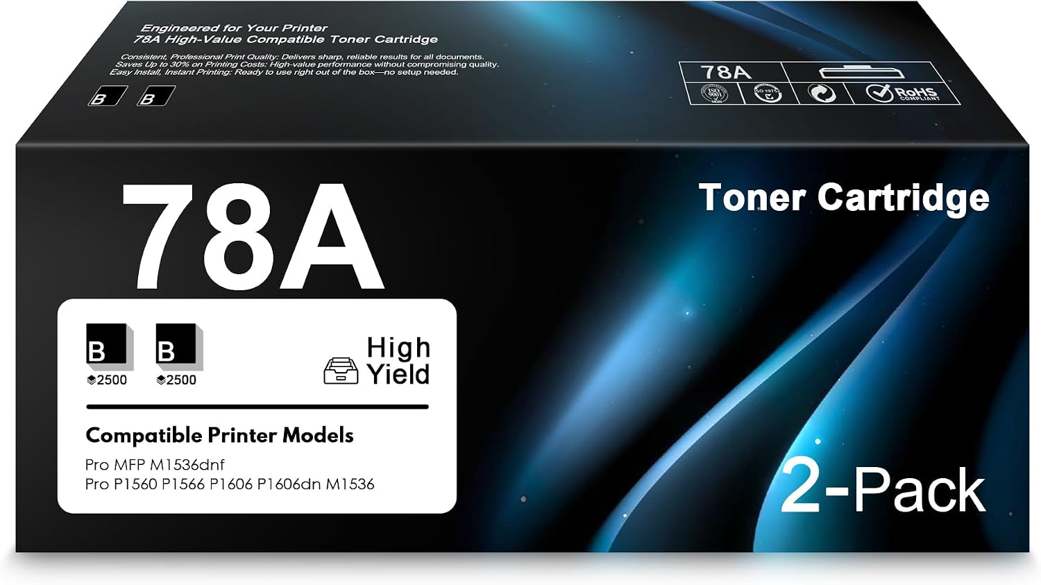 78A High Yield Toner Cartridge Black (2-Pack) With Chip Replacement for HP 78A CE278A Toner Cartridge Works with Pro P1566 P1606dn Series, Pro MFP M1536dnf Series Printer (Up to 2,500 pages/cartridge)