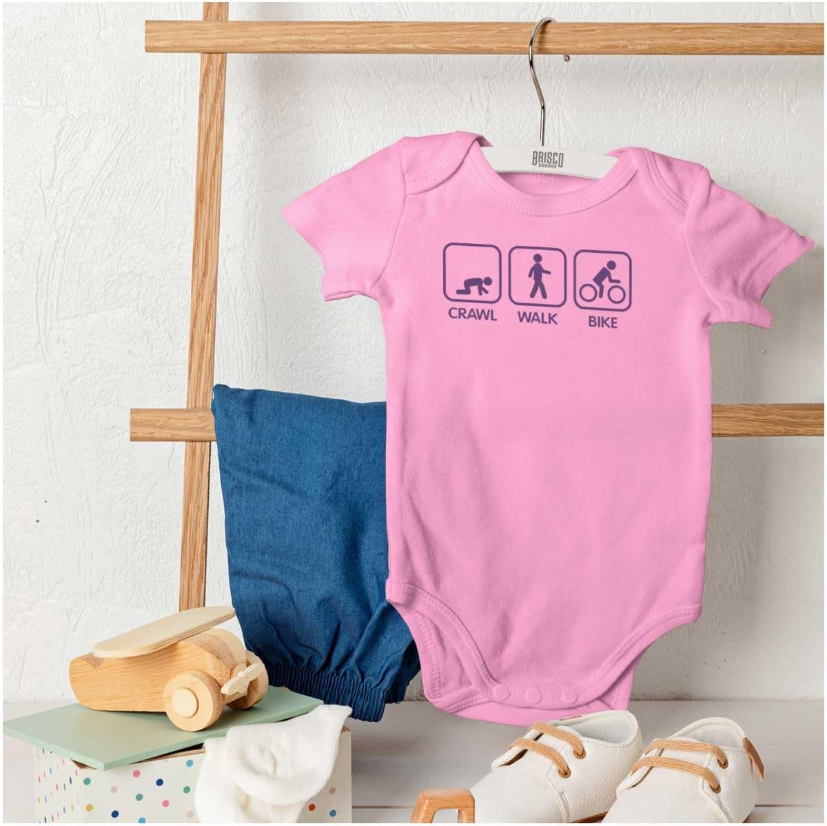 Brisco Brands Crawl Walk Bike Street Sign Humor Baby Romper Boys or Girls